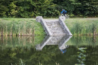 Велосипедист на дорожке и ступени к пруду в парке "Феофания"