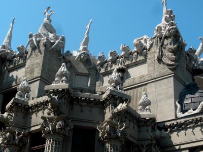 Sculptures on the roof of the Horodecki House in Kyiv