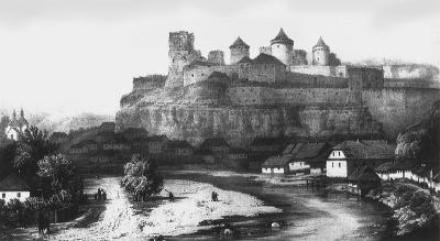 Стара літографія із зображенням стін Кам'янець-Подільського замку з поселенням під ним