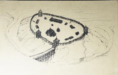 Черно-белый рисунок Острожской крепости