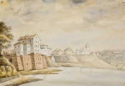 Цветной рисунок с Тернопольским замком и прудом